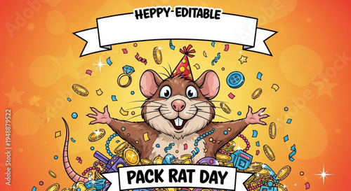 Happy cartoon rat celebrating pack rat day with confetti and party hat on orange background