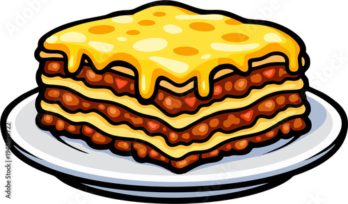 Cartoon Lasagna Slice on Plate Vector Illustration — Italian Food Bolognese Melted Cheese Clipart
