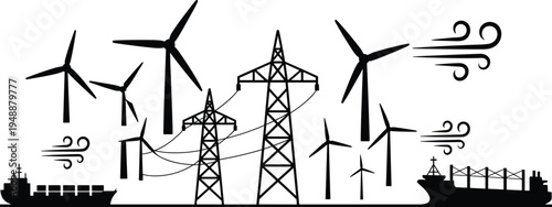 wind turbine energy silhouette, renewable power wind farm, electricity transmission towers, green energy industry landscape vector illustration