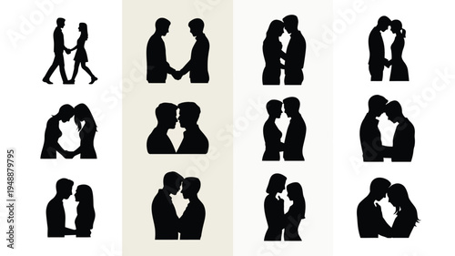 Collection of minimalist black silhouettes depicting romantic couples in various intimate poses and relationships