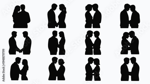 Minimalist silhouettes of romantic couples in various intimate poses on white background