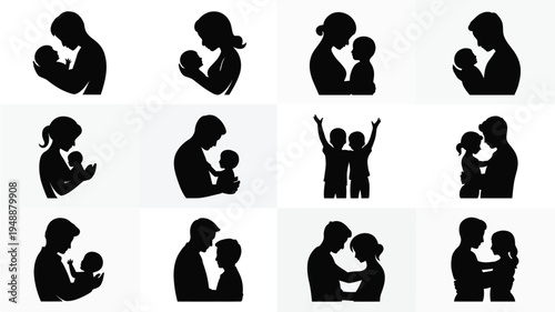 Minimalist family silhouettes showing love and connection in various poses