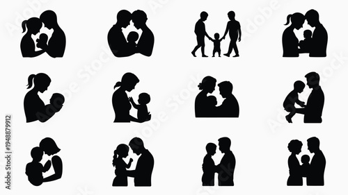 Minimalist family silhouettes in black on white background showcasing various affectionate moments and relationships