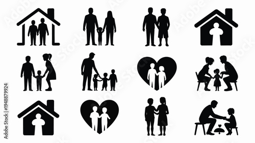 Family and love concept with black silhouettes of people and houses on white background