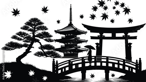 Traditional Japanese Silhouette Landscape with Pagoda Torii Gate Zen Garden Pine Tree and Autumn Maple Leaves on a Bridge with Person Carrying an Umbrella
