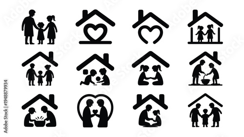 Family and home icons set with black silhouettes on white background