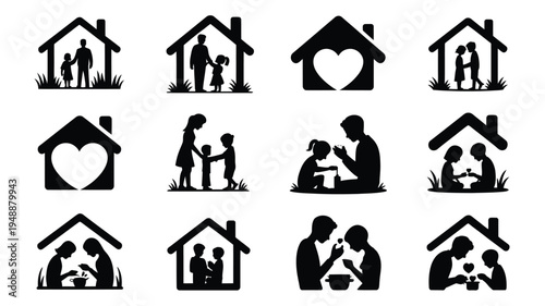 Family and home silhouettes black icons set people in houses love heart family values relationships home life care support unity vector illustration