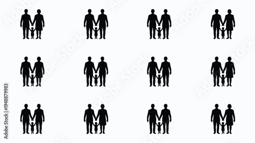 Minimalist grid layout showcasing 12 pairs of people holding hands in black silhouette on white background