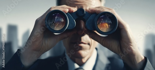 The businessman peering through binoculars toward a distant modern city skyline