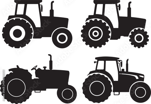 Set of Black Tractor Silhouette – Agricultural Farming Vehicle, Rural Farm Equipment Vector Illustration