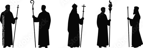 christian clergy silhouette set, bishop priest pastor figures, church religious leaders with cross staff, black vector illustration