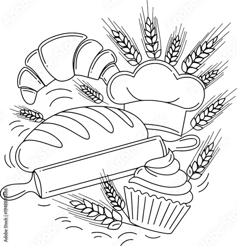 Baking elements with rolling pin and wheat vector illustration