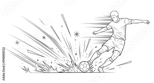 Soccer player kicking ball with energy burst illustration.