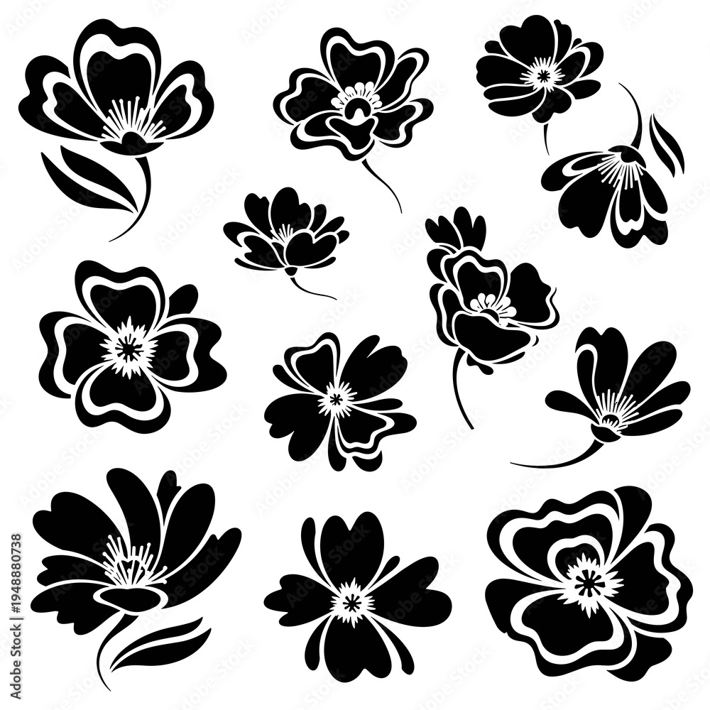 Obraz premium Diverse Black Flower and Leaf Silhouette Collection