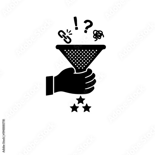 Black and white icon of a hand filtering digital icons, symbolizing information filtering, data curation, and the ability to select valuable knowledge from digital noise