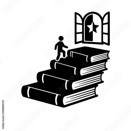 Black and white icon of a staircase made of books leading upwards, symbolizing personal growth and the step-by-step journey of education