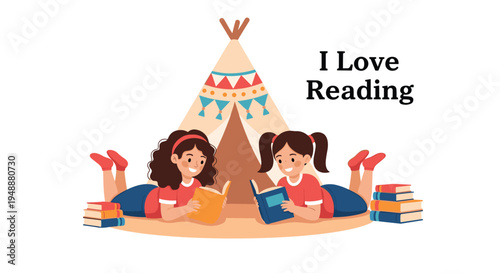 Two young girls lying on the grass and enjoying their storybooks in front of a decorative teepee tent surrounded by stacks of colorful books.