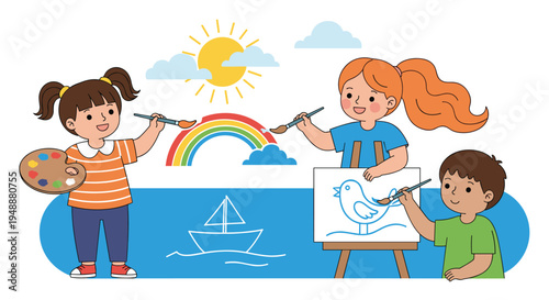 Creative young children using paintbrushes and palettes to create a colorful landscape painting featuring a bright sun, rainbow, and a sailboat.