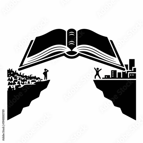 Minimalist black and white bridge of knowledge icon, symbolizing education as a path to overcome socio-economic gaps and personal limitations
