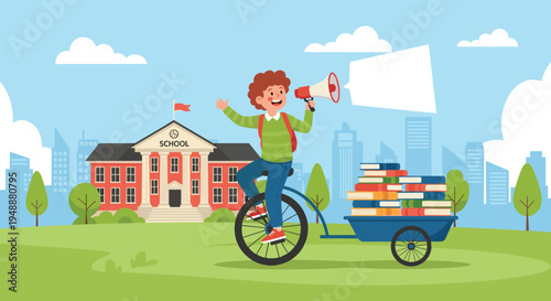 Young schoolboy riding a bicycle with a trailer filled with stacks of colorful books while making an announcement through a megaphone in the city.