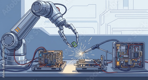 Robotic arm assembling electronic circuit board with sparks.