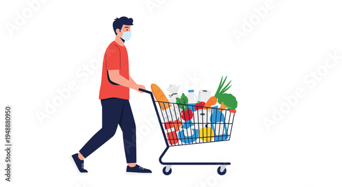 Responsible man wearing a protective face mask while pushing a shopping cart full of healthy groceries and household items at the supermarket.