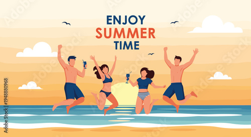 Group of happy young friends jumping with joy and drinks on a sandy beach during a beautiful tropical sunset while enjoying their summer vacation.