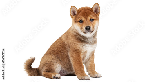Photography Isolated adorable fluffy healthy Shiba Inu puppy sitting calmly, looking directl