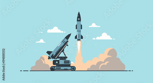 Illustration of a military rocket launching from a mobile platform with smoke and clouds against a light blue sky