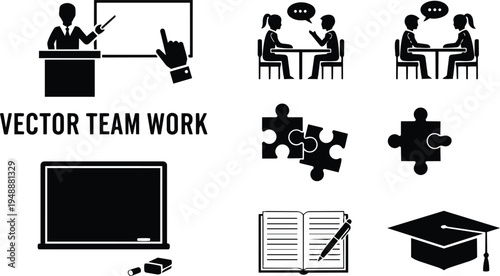 Education teamwork collaboration learning icons set including puzzle pieces