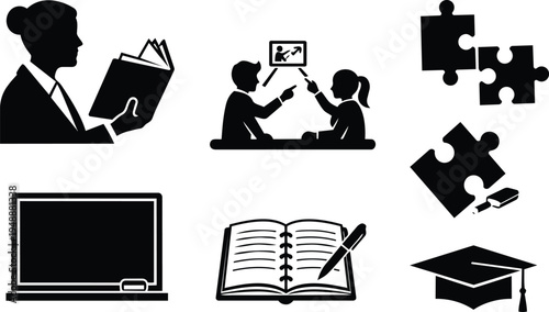 Education icons including students learning and graduation cap