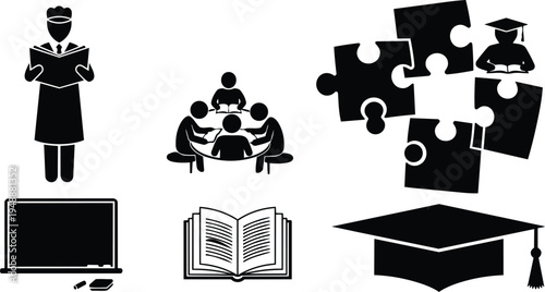 Education icons including teacher student graduation and learning symbols