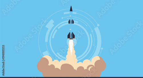 Rocket launch sequence with multiple missiles ascending into the sky with a digital HUD interface in the background