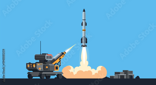 Modern Missile Launcher System Firing a Rocket into the Blue Sky - Flat Design Illustration