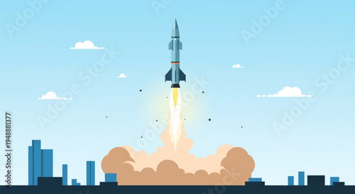 Dynamic rocket launch illustration symbolizing business growth, startup success, technological advancement, and the journey to new frontiers.