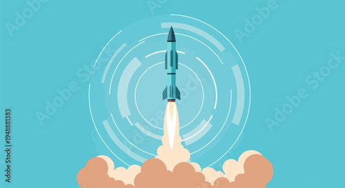 Vibrant flat design illustration of a rocket launching into the sky, representing successful business startup, technological innovation, and rapid progress towards goals.