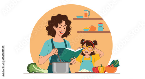 Mother and daughter wearing aprons while reading a recipe book and cooking together in a cozy kitchen filled with fresh vegetables and pots.