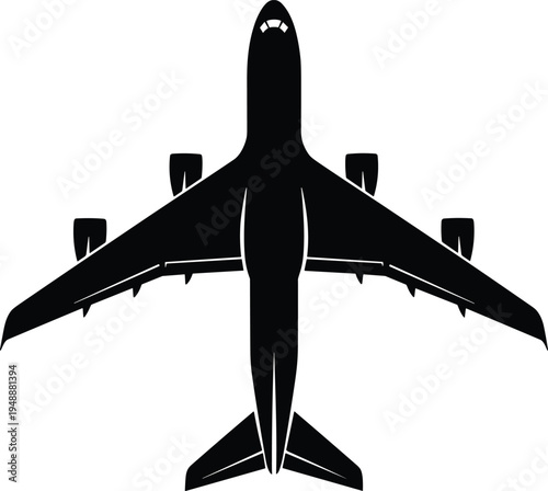 Airplane silhouette top view isolated on white background, commercial passenger jet aircraft vector illustration for aviation design, travel concept, airline logo and transportation graphics
