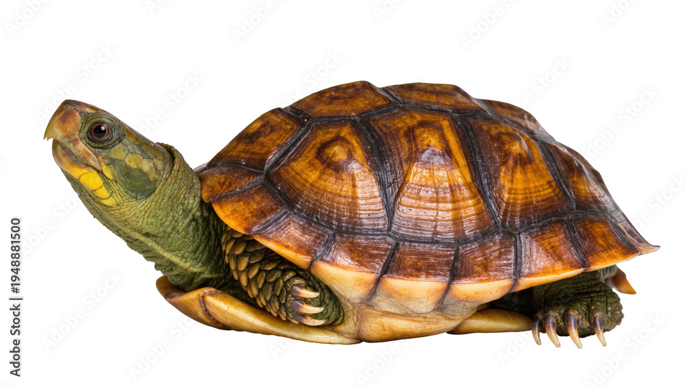 Obraz premium Isolated eastern box turtle, vibrant green head and distinctive patterned brown shell
