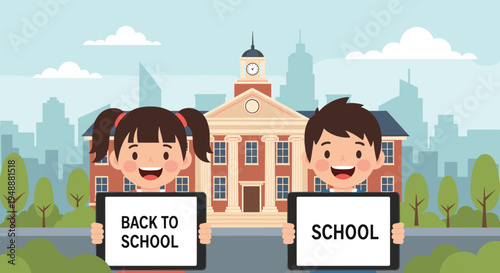 Smiling schoolboy and girl holding digital tablets with back to school messages in front of a traditional school building in the city skyline.