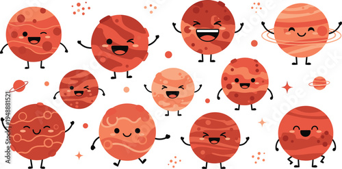 Set of cute cartoon planet characters, funny red planets with happy faces and hands, vector illustration of solar system galaxy elements isolated on white background