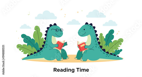 Cute illustrations of two dinosaurs, one wearing glasses, sitting and enjoying their books during a peaceful reading time in a green park.