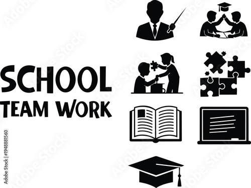 School team work collaboration education learning icons set