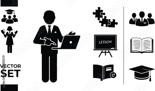 Education icons set with teacher student lesson book graduation cap