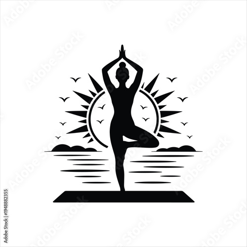 Yoga Tree Pose Silhouette at Sunrise with Birds and Nature Landscape Minimal Black Design