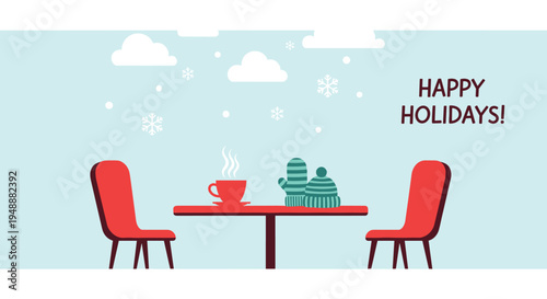 Winter cafe scene featuring a red table with a hot coffee cup and warm knitted mittens and hat under a snowy sky for the holiday season.