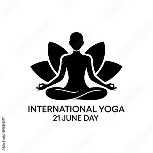 International Yoga Day 21 June Black Silhouette Woman Meditating in Lotus Pose with Lotus Flower Background Vector Illustration