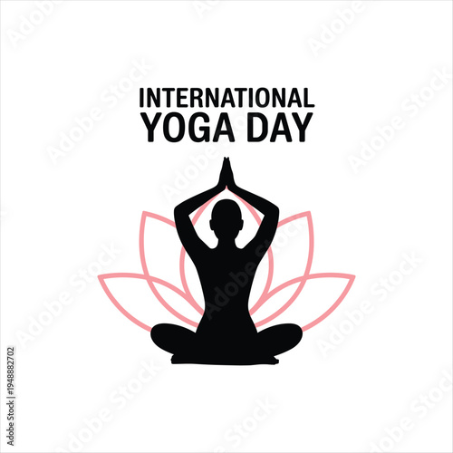 International Yoga Day Minimal Illustration with Meditating Woman Silhouette and Lotus Flower Background