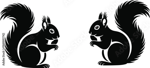 Cute squirrel silhouette pair facing each other, fluffy tail woodland animal vector illustration, minimalist black forest rodent icon set for logo, sticker, mascot, and design