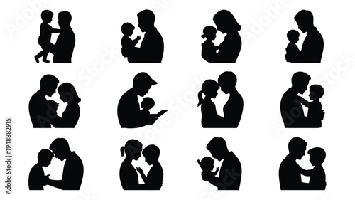 Vector illustration of black silhouettes of parents holding and caring for their children in various loving poses
